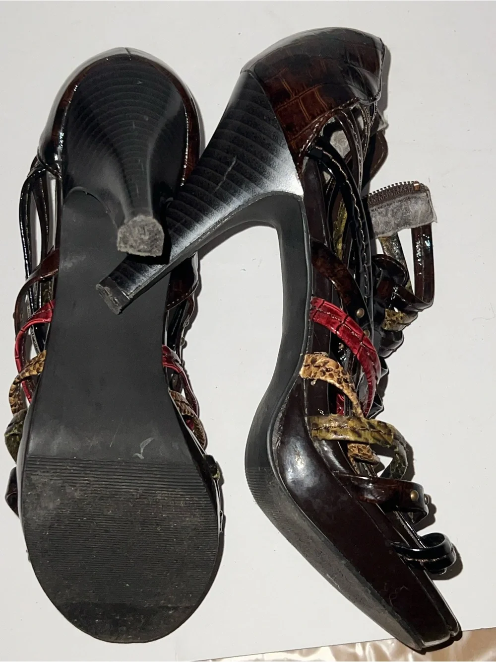Madden Girl Multi-Strip Patent High Heel Sandals in Brown, Red & Gold